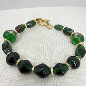 Lampwork Glass Bead Bracelet Green Metallic Gold Tone Toggle Clasp Boho Artsy‎